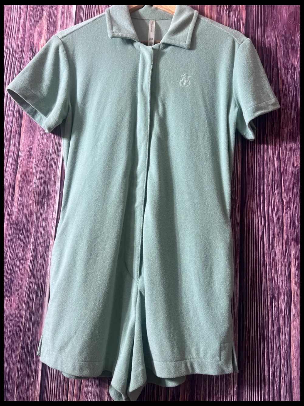 Victoria's Secret Terry Cloth Short Sleeve Collared Romper in Mint Green